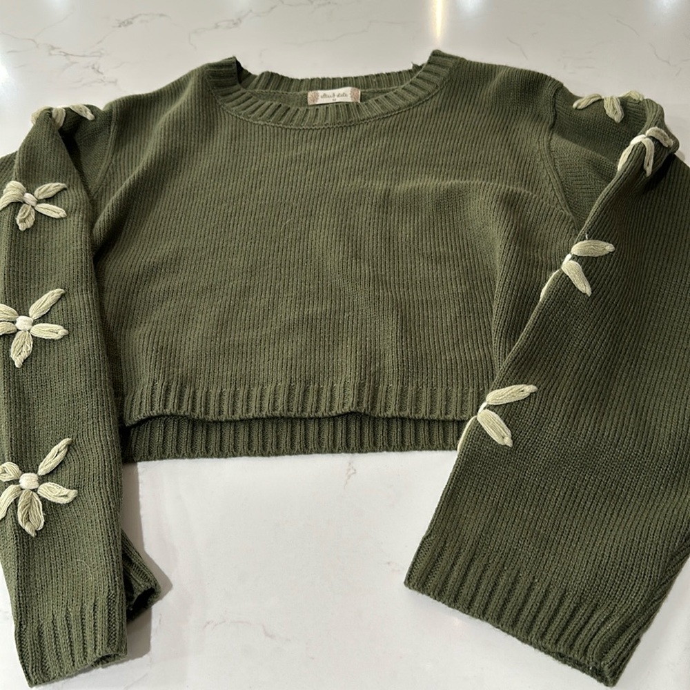 Altar'd State Olive Green Sweater with Floral Accents